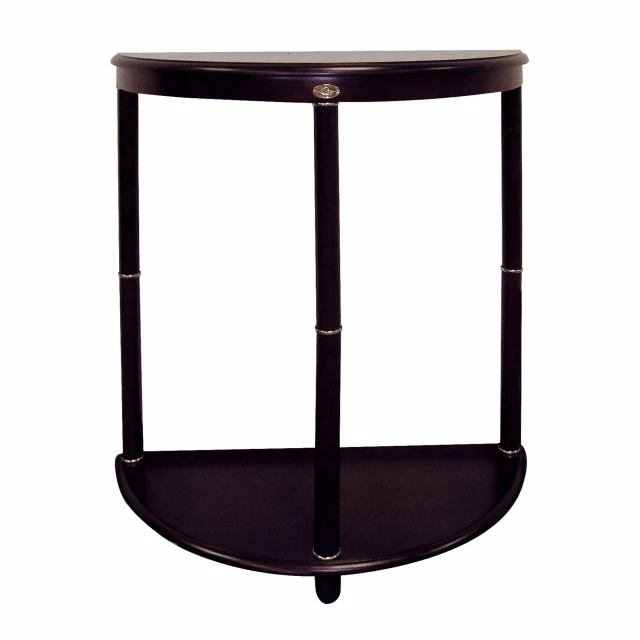 Manufactured wood half circle end table with glass-like transparency and circular elements
