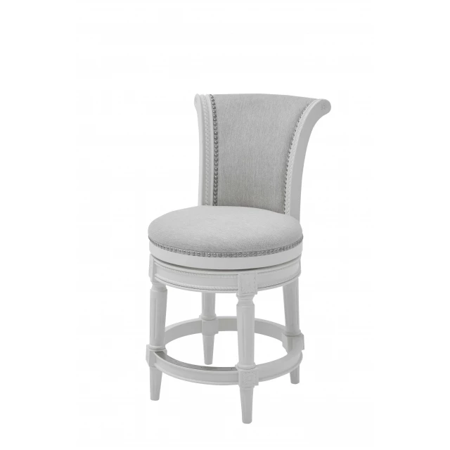 Light gray white swivel bar chair with armrests and wood accents for comfortable seating