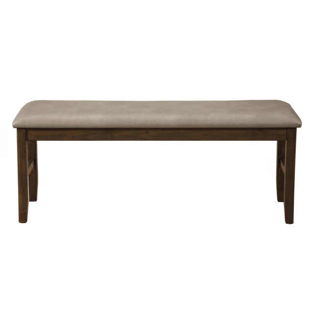 Faux leather distressed upholstery dining bench in brown with beige khaki wood accents