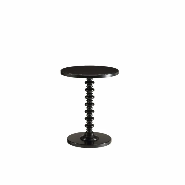 Black solid wood round end table with glass and metal accents