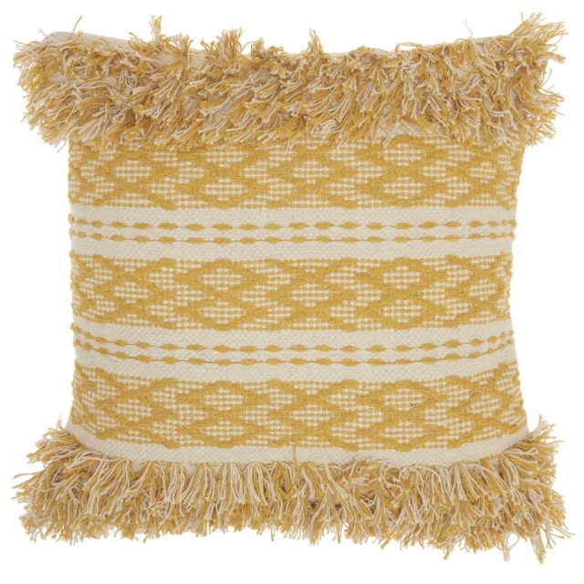 Mustard ivory textured woolen throw pillow with woven fabric pattern