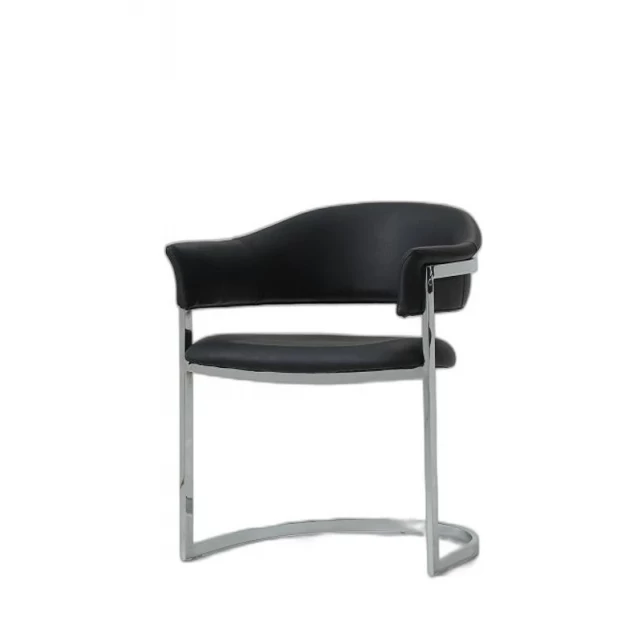 Black leatherette stainless steel dining chair with armrests and metal comfort design