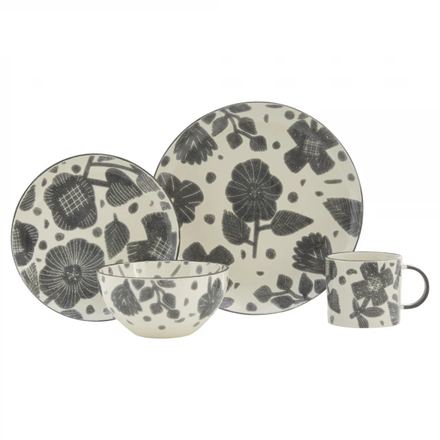 Round floral ceramic dinnerware set for four with patterned design