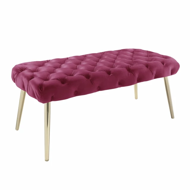 fuchsia gold upholstered velvet bench with magenta and carmine accents