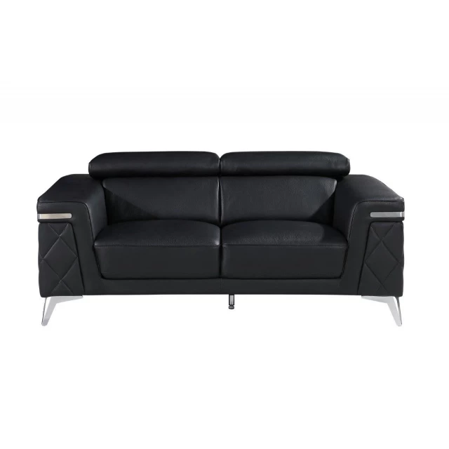 Black silver metallic leather loveseat with comfortable cushioning and modern design