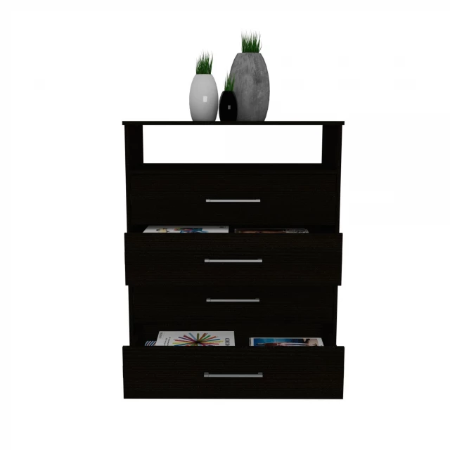 Modern black four drawer dresser hutch for bedroom storage