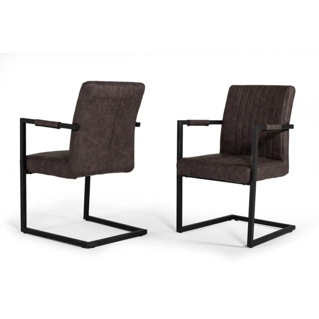 Brown faux leather dining chairs with armrests and wood accents for comfortable seating