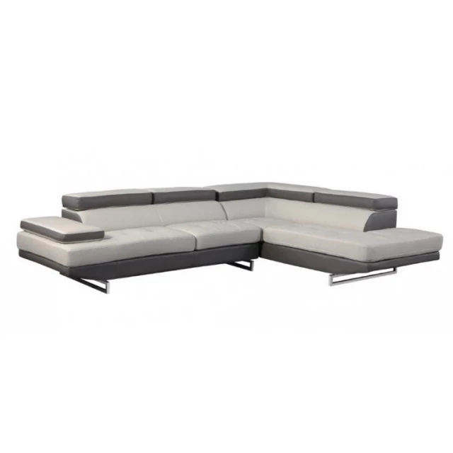 Gray leather L-shaped corner sectional couch with hardwood detailing for modern home furniture decor