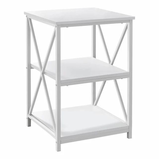Rectangular white metal accent table with glass and plywood details in a furniture setting