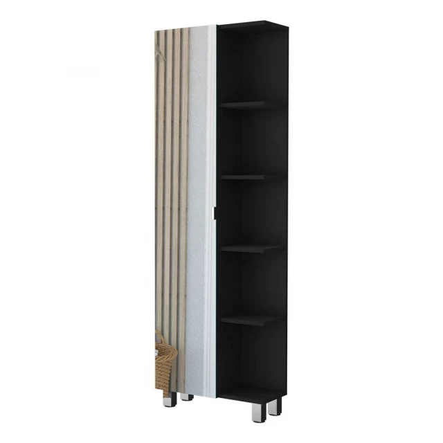 Black accent cabinet with nine shelves featuring metal and wood design elements