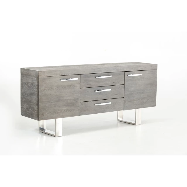 Grey veneer steel buffet with drawers and doors in hardwood and metal finish