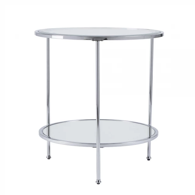 iron round mirrored end table with shelf and metal glass accents