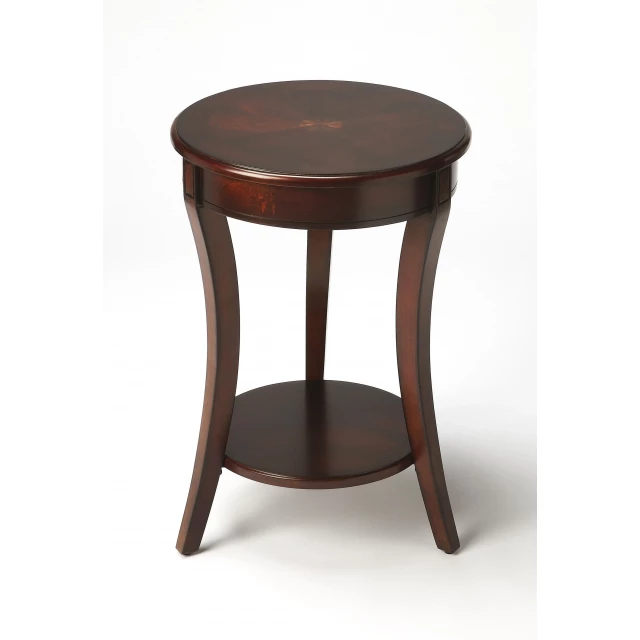 Round manufactured wood end table with shelf and varnished natural wood finish