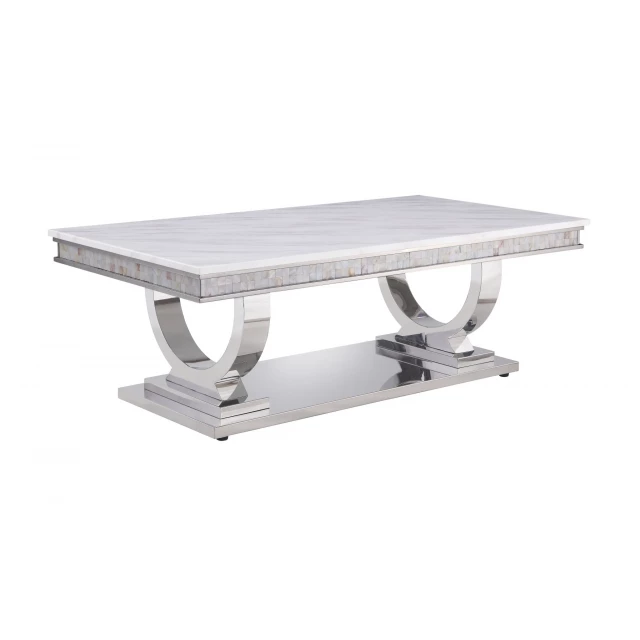 Silver faux marble mirrored coffee table with metal accents and rectangle shape