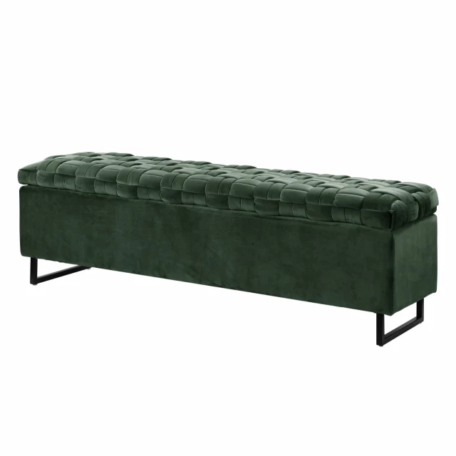 Hunter green upholstered velvet bench with flip-top design for elegant indoor seating
