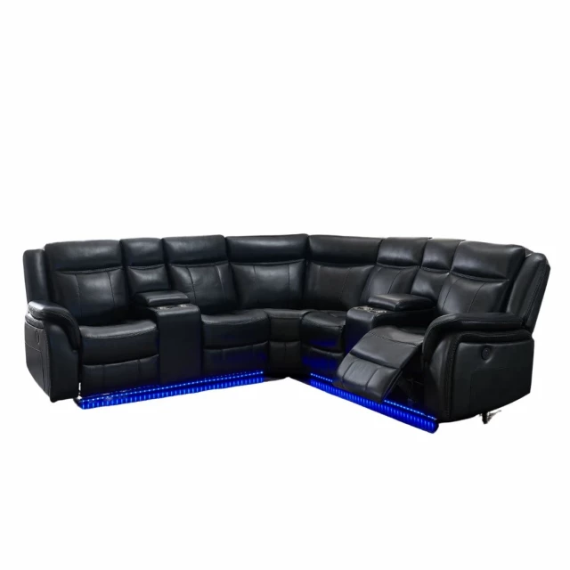 Reclining L-shaped corner sectional console with electric blue accents and modern design