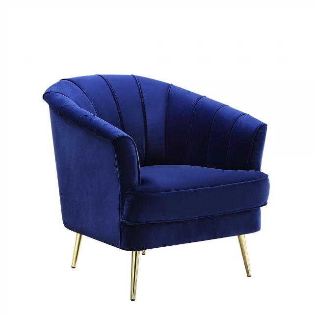 Blue velvet gold striped barrel chair with armrests and comfortable rectangle cushion