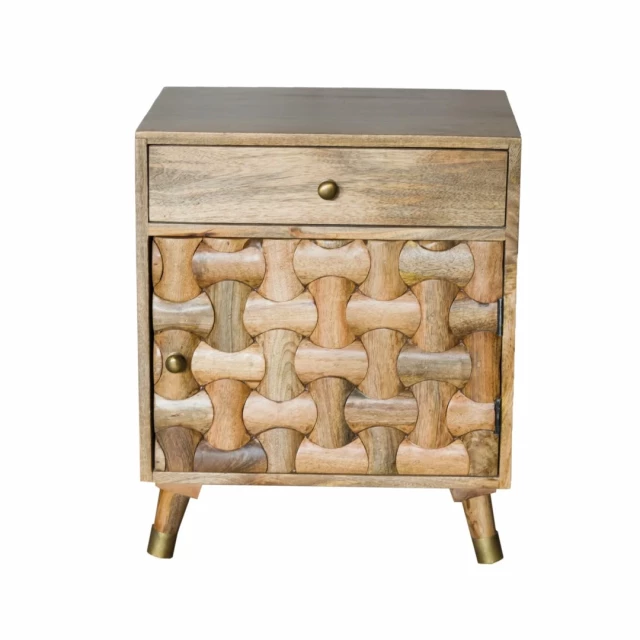 Natural honey wood jigsaw puzzle nightstand with drawers in furniture setting