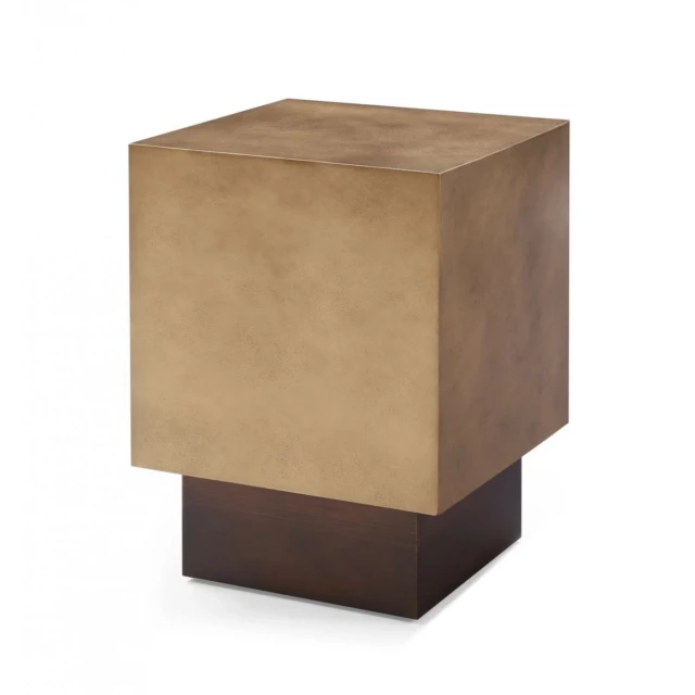 Light brown metal square end table with hardwood and wood stain finish