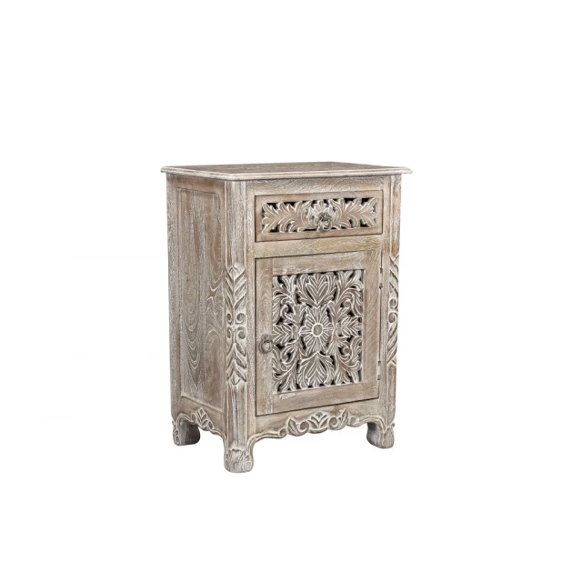 Gray floral carved nightstand with rectangle wood art and metal accents