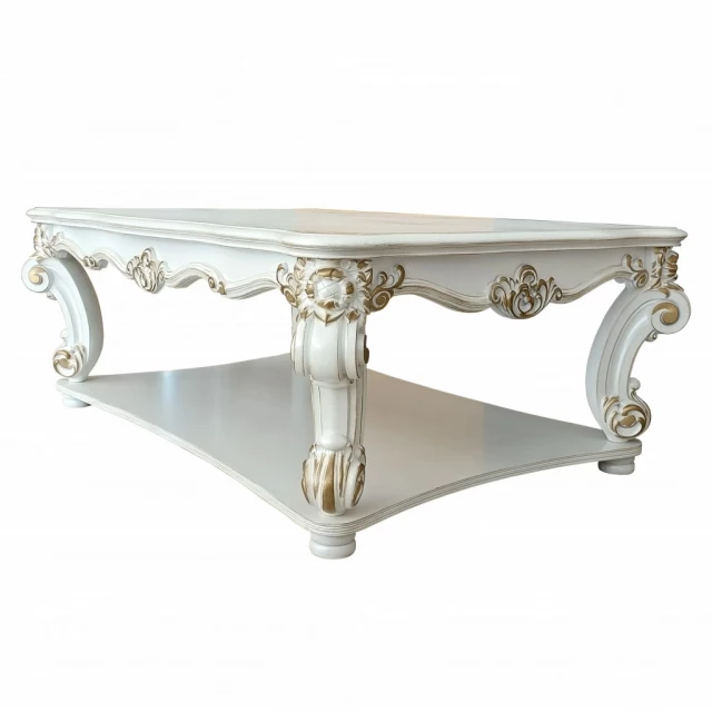 Pearl rectangular coffee table with shelf and metal nickel accents