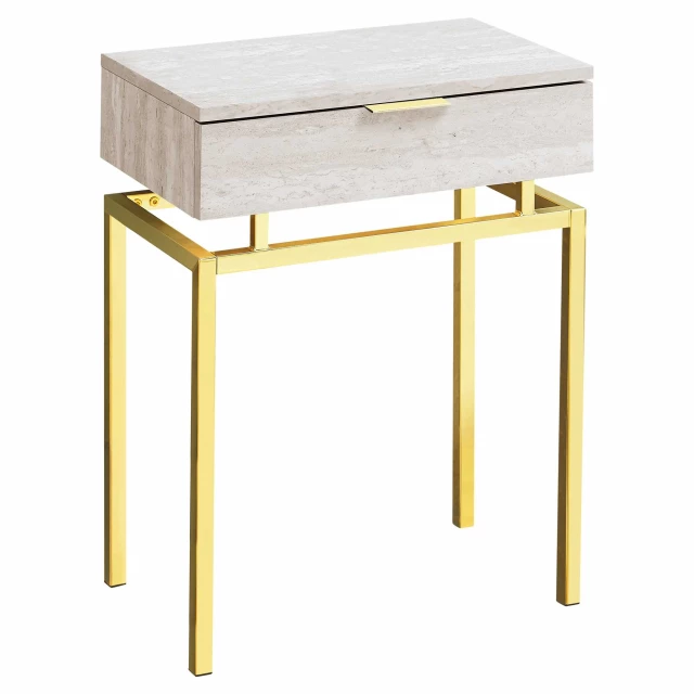 Gold beige end table with drawer and wood plank design suitable for outdoor use
