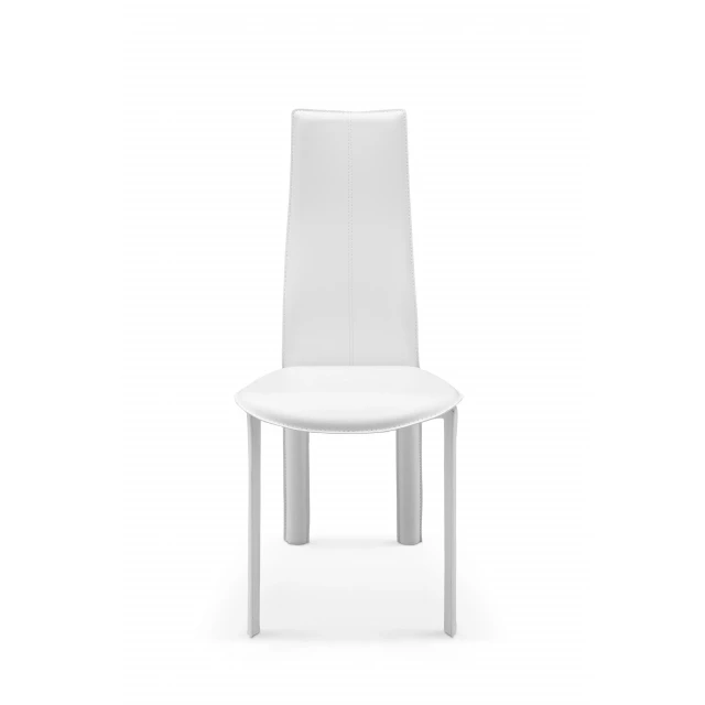 White faux leather dining chairs with table and outdoor furniture elements