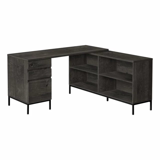 gray black l shape computer desk with wood finish and cabinetry