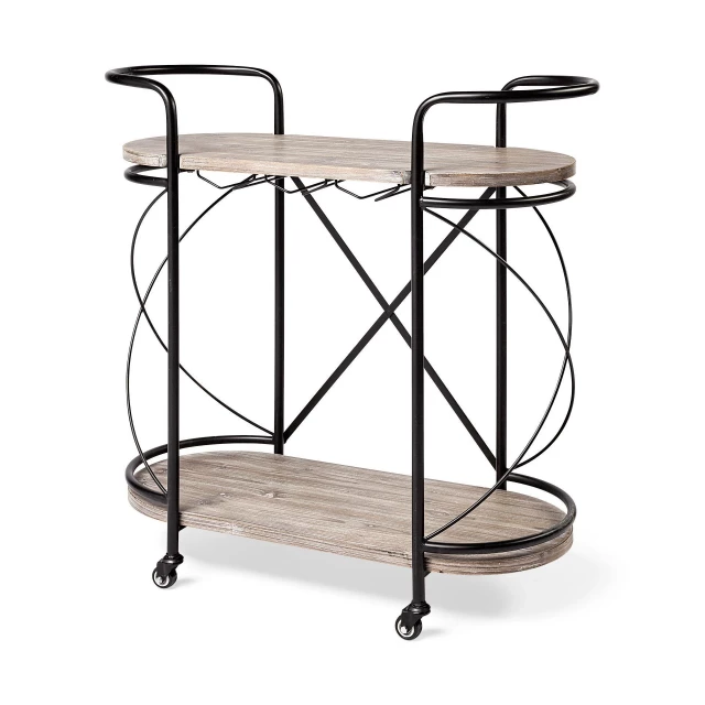 Black metal wooden shelves bar cart with table and chair elements in a comfortable room setting