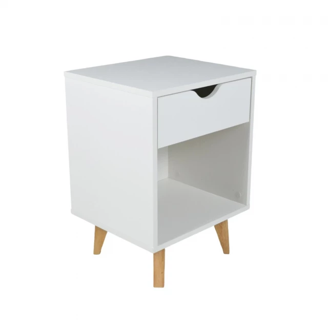 White drawer nightstand in hardwood with metal handles and plywood details