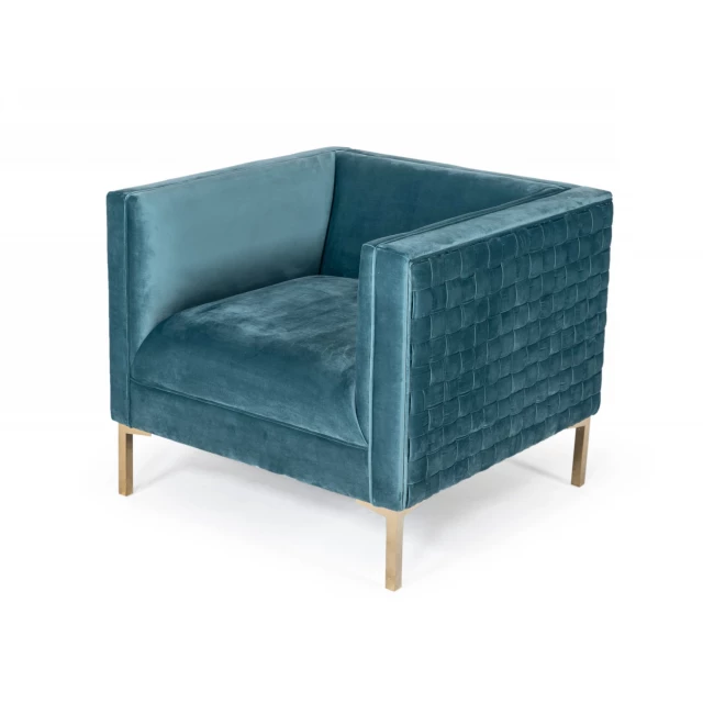 Teal woven velvet gold arm chair with wood accents for elegant comfort