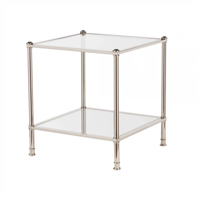 Glass iron square mirrored end table with metal and aluminium accents