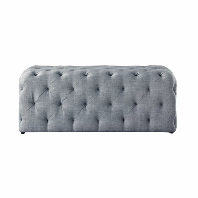 Light gray black upholstered linen bench with shoe and fashion accessory elements