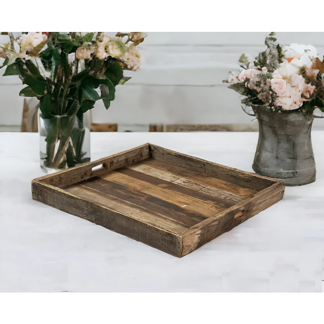 square reclaimed wood serving tray with handles and flowers