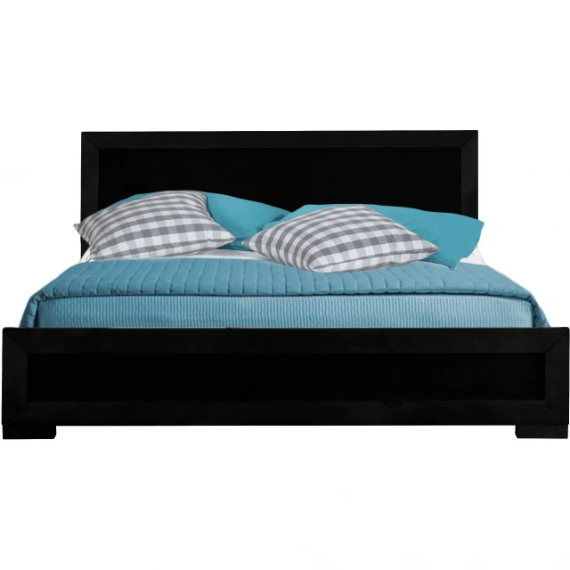 Black wood queen platform bed in modern bedroom setting