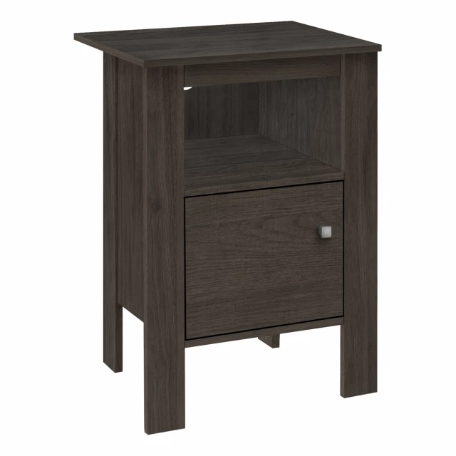 Brown nightstand cabinet storage with wood stain and varnish finish