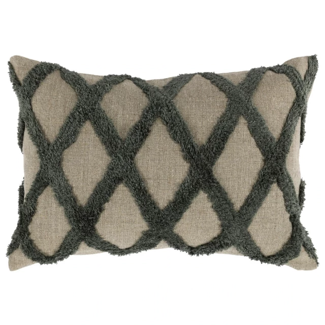 Green linen geometric zippered pillow with beige pattern and woolen texture