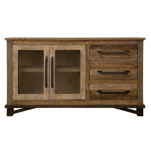 Solid manufactured wood distressed buffet table with shelving drawers and cabinetry