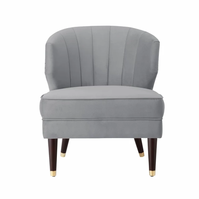 Gray gold velvet tufted wingback chair with wood armrests and comfortable rectangle seating