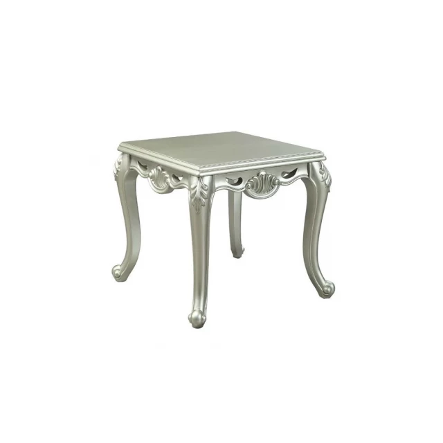 Champagne manufactured wood square end table with metal accents suitable for outdoor and indoor use
