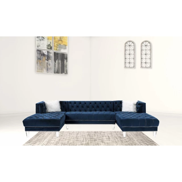Blue velvet U-shaped seating component with wood accents and interior design elements
