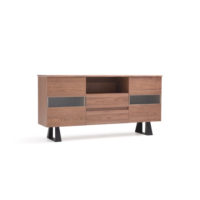 Walnut veneer metal glass buffet with wood shelving and drawers for elegant storage