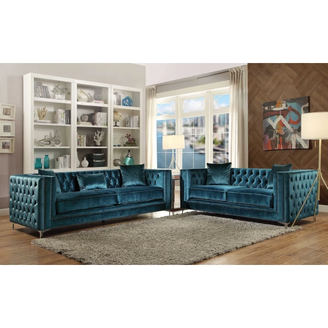 Dark teal wood sofa pillows on furniture with blue azure interior design elements