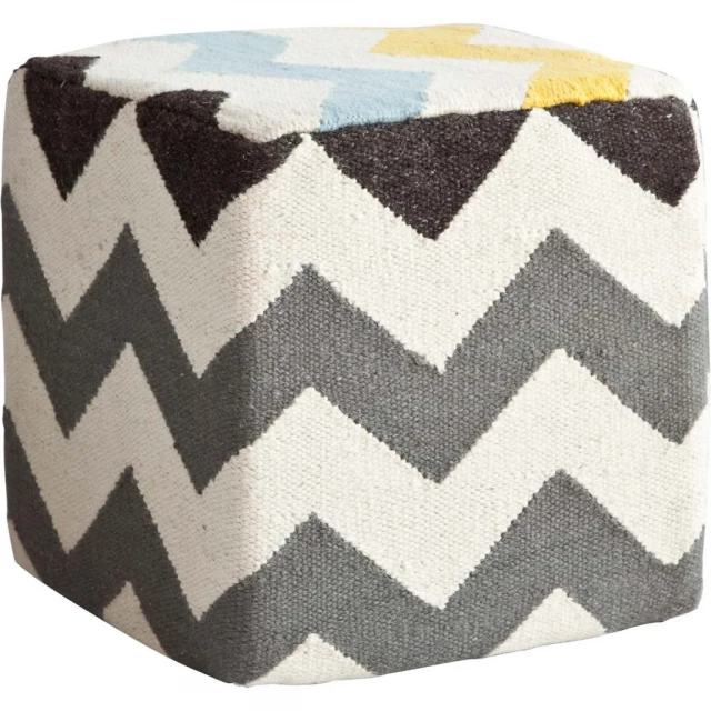 Wool square pouf with zig zag pattern in grey and beige textile design