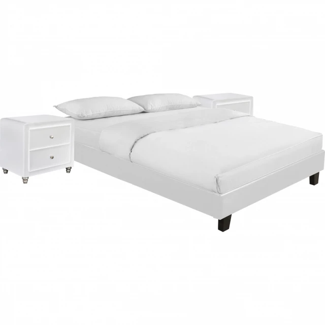 White platform queen bed with integrated nightstands for modern bedroom decor
