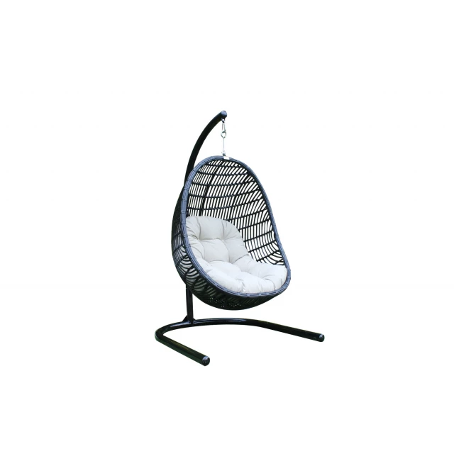 Black metal swing chair with beige cushion for outdoor patio