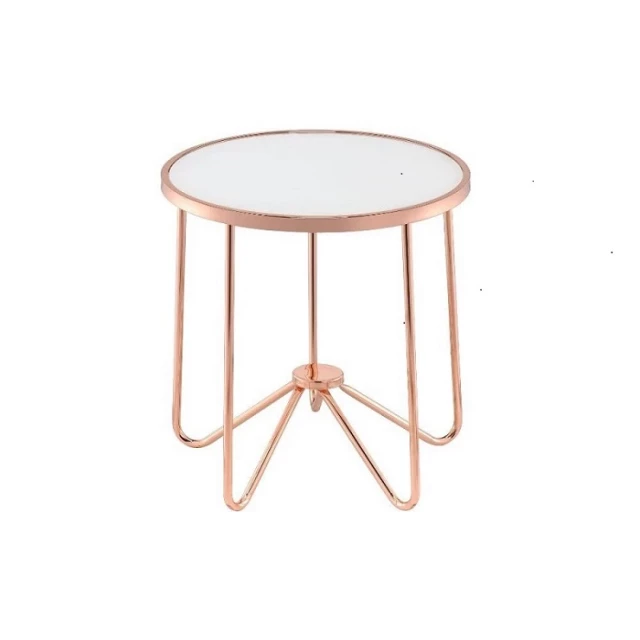 Gold clear glass round end table with wood accents in a modern furniture design