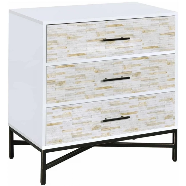 White weathered wood pattern nightstand with cabinetry design and multiple drawers