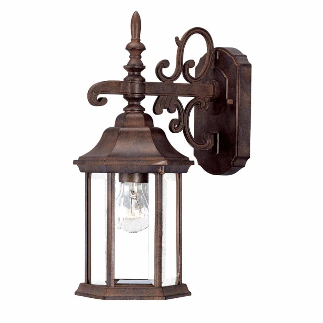 domed hanging glass lantern wall light with metal and wood elements