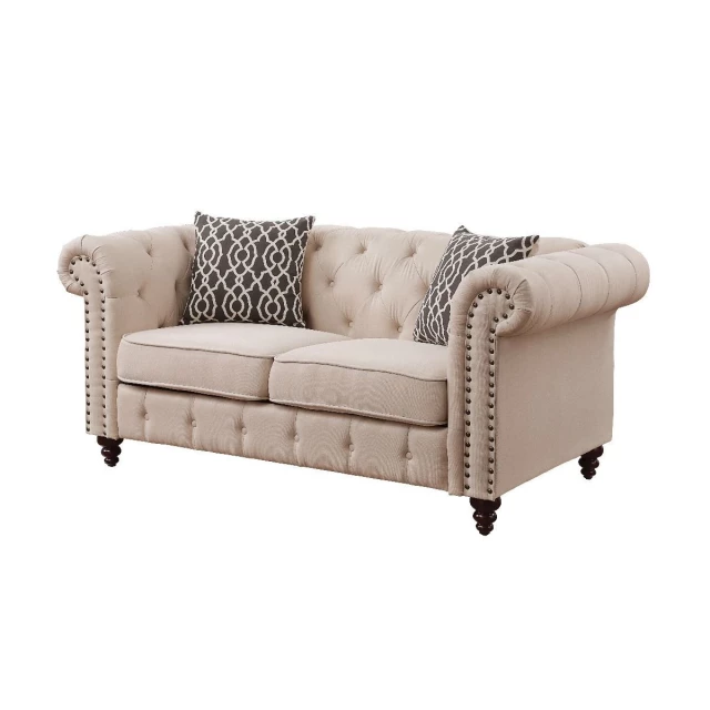 Beige linen black love seat with comfortable rectangle studio couch design in a wooden frame and outdoor setting